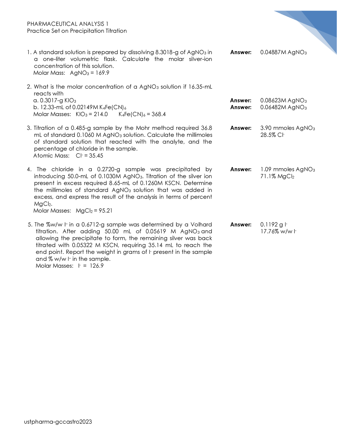 Practice Set On Precipitation Titration - PHARMACEUTICAL ANALYSIS 1 ...