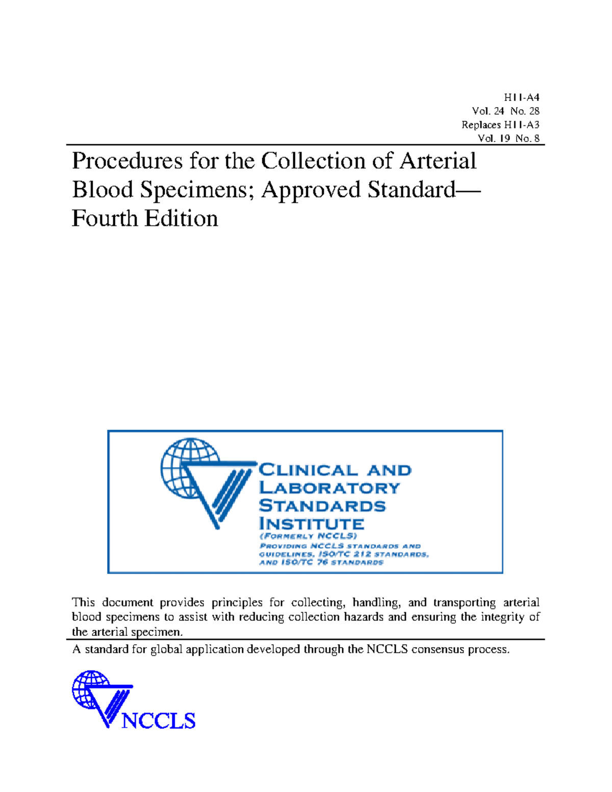 H11-A4 CLSI Procedures for the Collection of Arterial - H11-A Vol. 24 ...