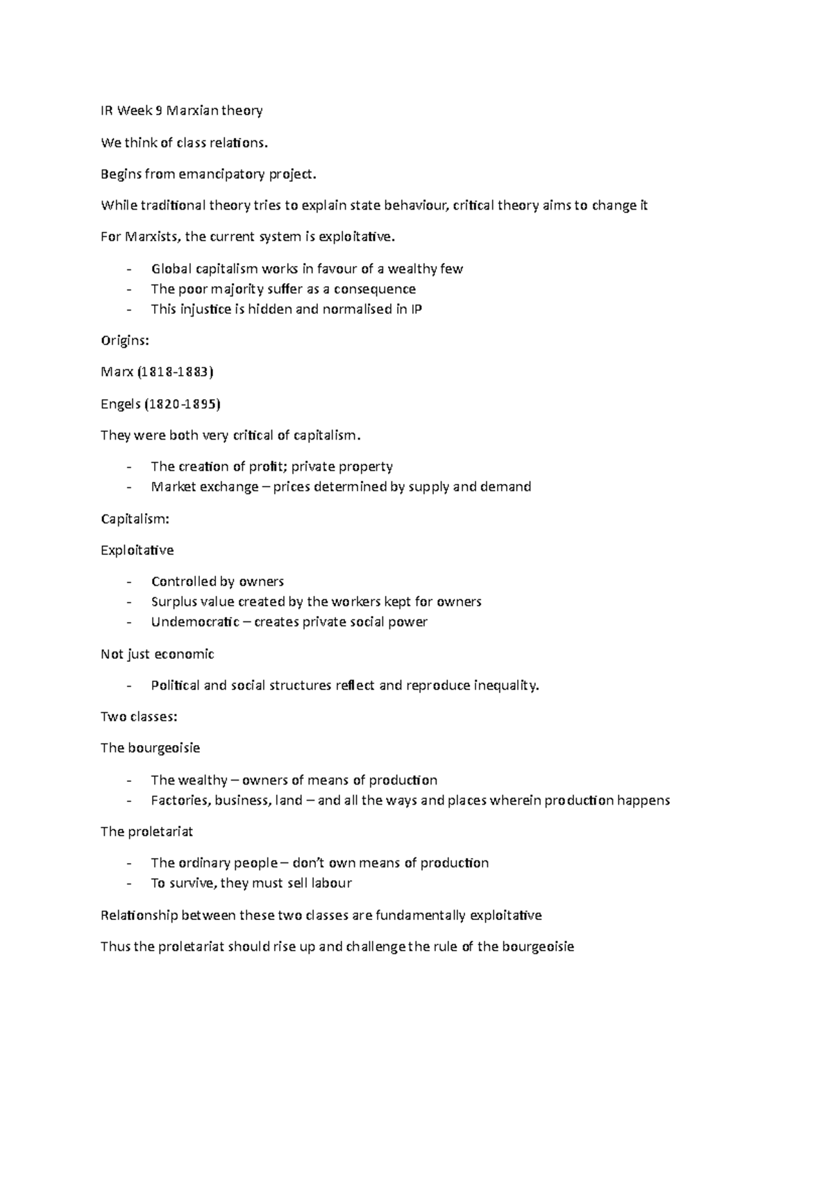 IR theory Week 9 Marxian theory - IR Week 9 Marxian theory We think of ...