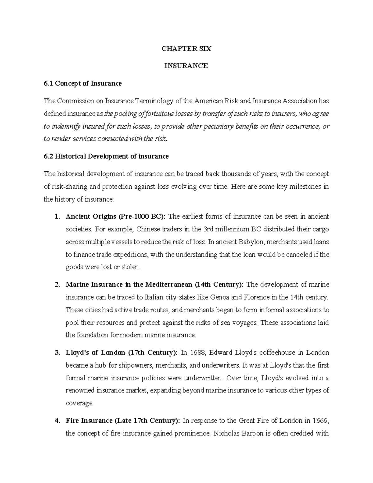 6. Insurance-PART ONE - CHAPTER SIX INSURANCE 6 .1 Concept of Insurance ...