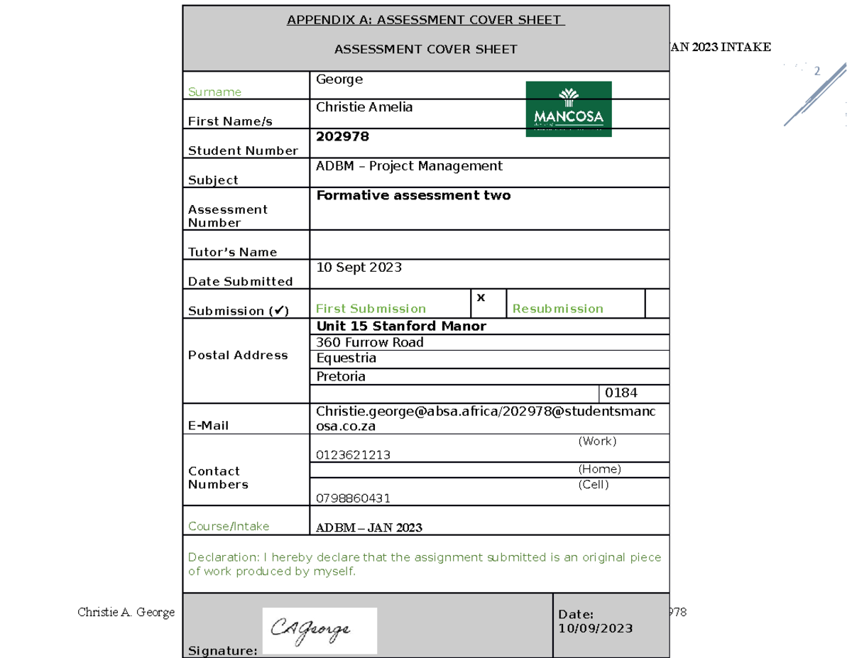 Project Management - Draft TO BE Completed Submission Required BY 12 ...