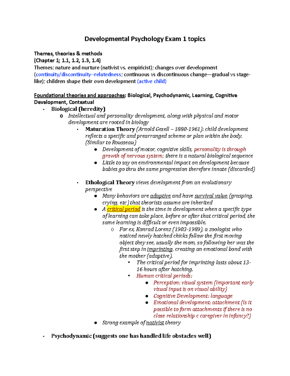 Finalexamreviewsheet Revised - Developmental Psychology Exam 1 Topics ...