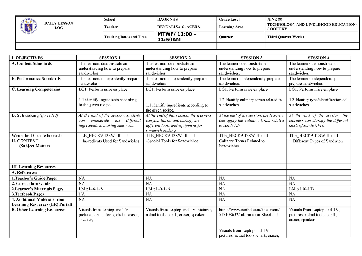 9 week 1 - Daily LEsson Log quarter 3 week 1 - DAILY LESSON LOG School ...