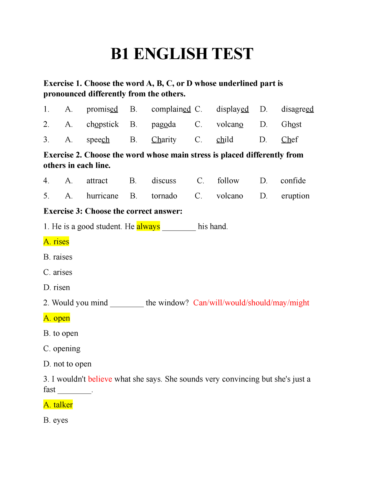 B1 English TEST - Good - B1 ENGLISH TEST Exercise 1. Choose The Word A ...