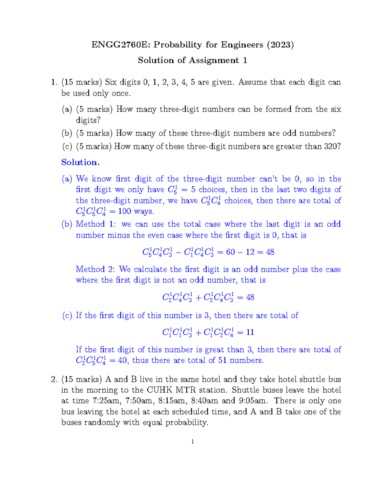 Assignment 1 Sol - ENGG2760E: Probability for Engineers (2023) Solution ...