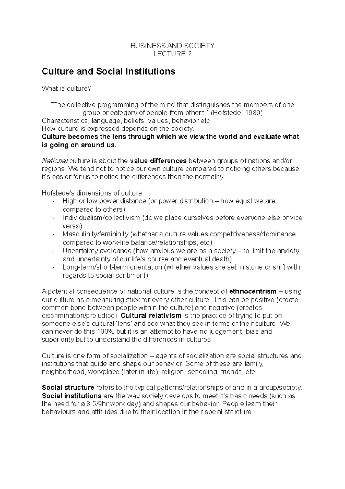Lecture 2 - BUSINESS AND SOCIETY LECTURE 2 Culture and Social ...