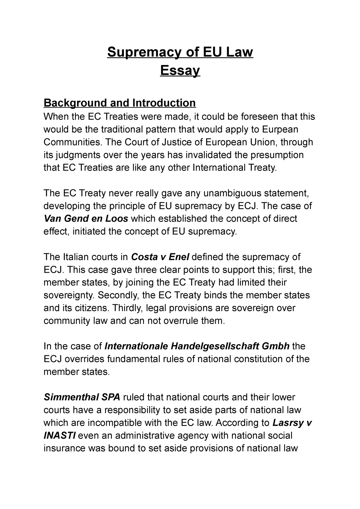 direct effect and supremacy eu law essay
