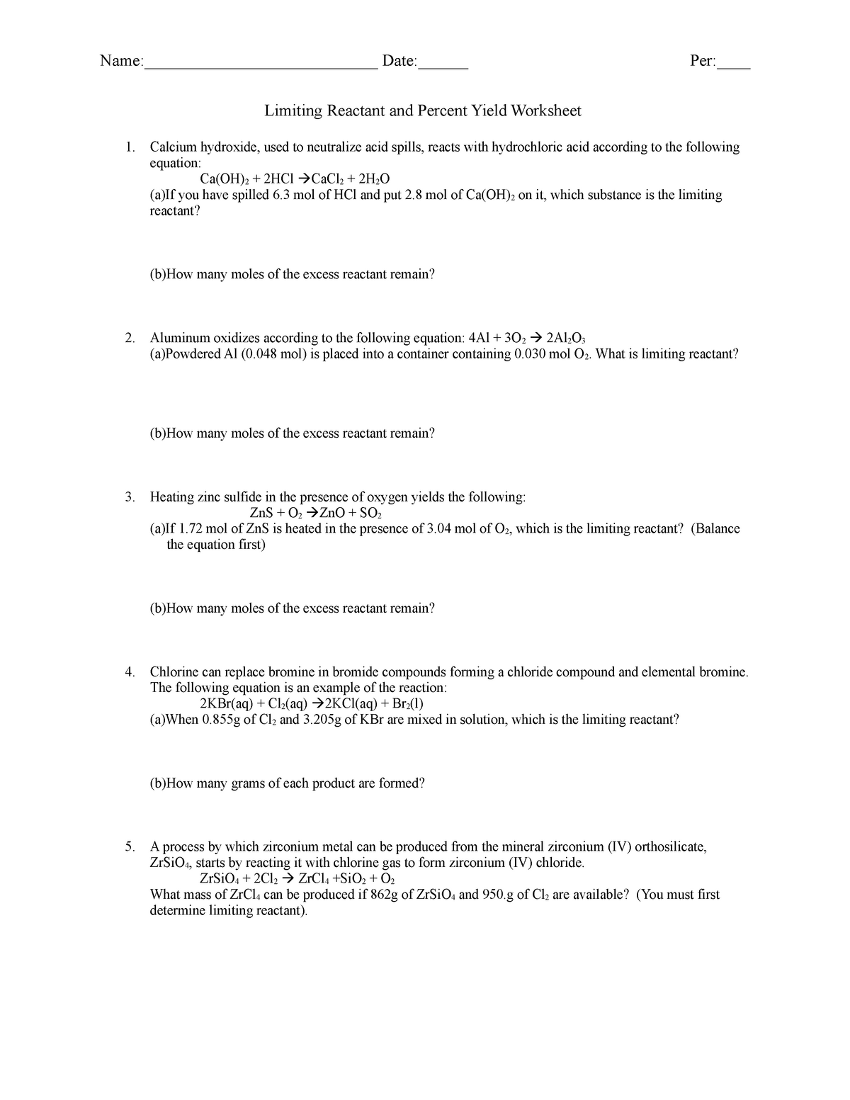 Limiting Reactants And Percent Yield Worksheet Delagrange 2006 Answer Key