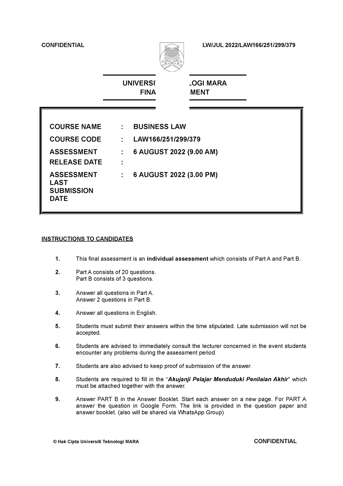 Question-LAW299 JULY 2022 - UNIVERSITI TEKNOLOGI MARA FINAL ASSESSMENT ...