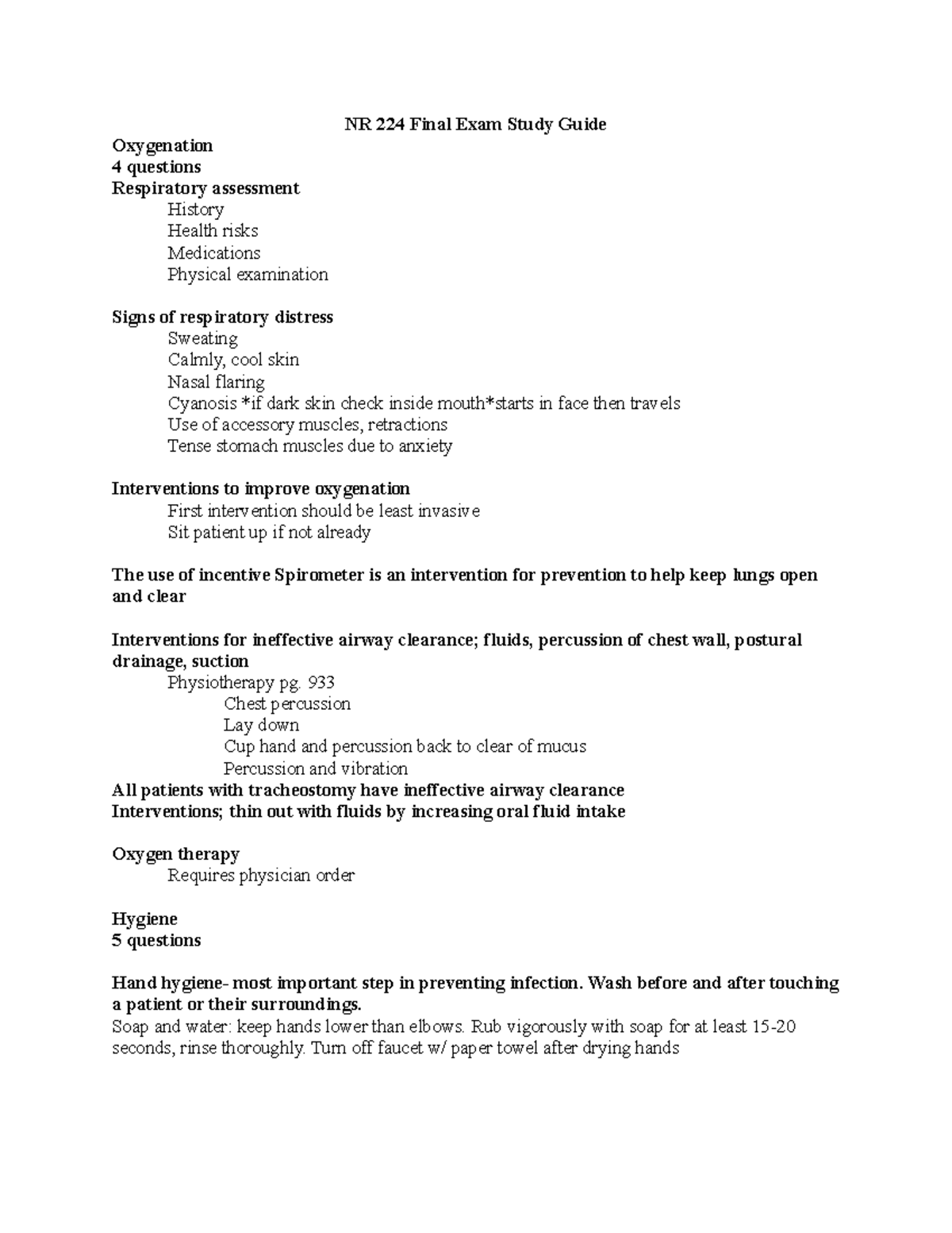 224 Final Exam Study Guide - NR 224 Final Exam Study Guide Oxygenation ...