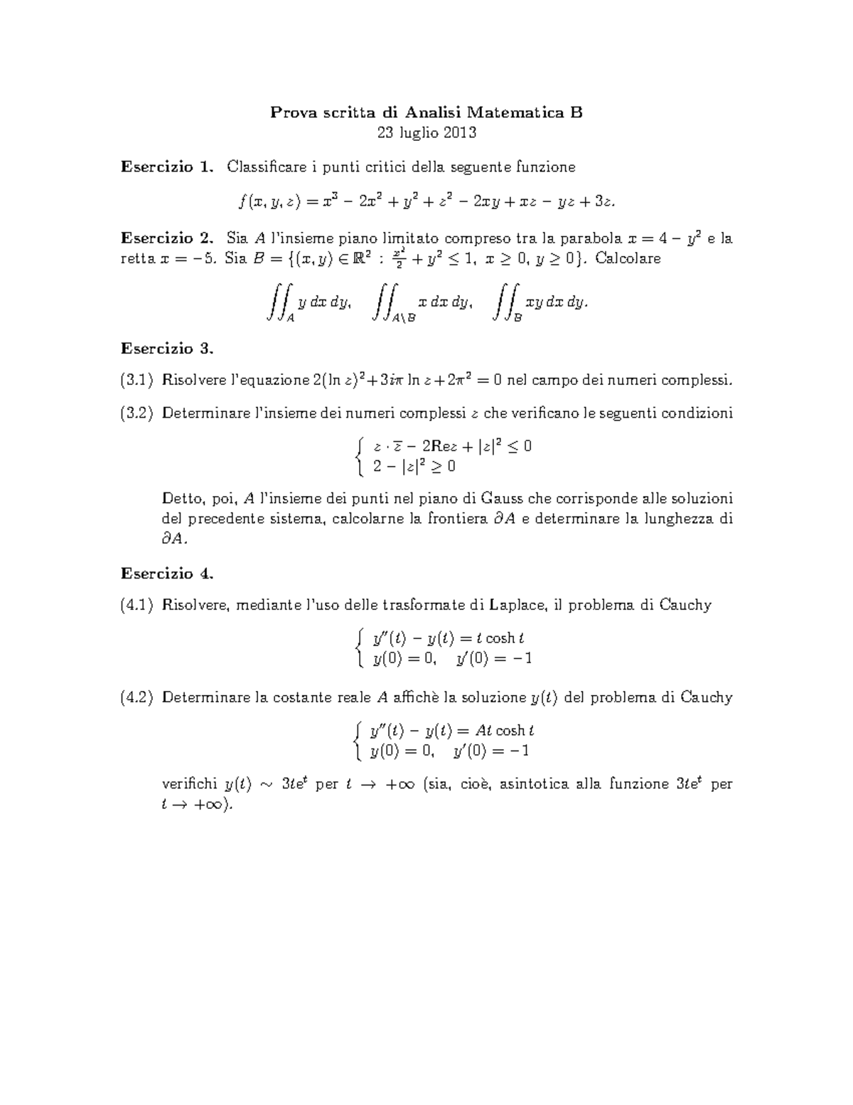 23-07-2013 - Esame Analisi B - Prova Scritta Di Analisi Matematica B 23 ...