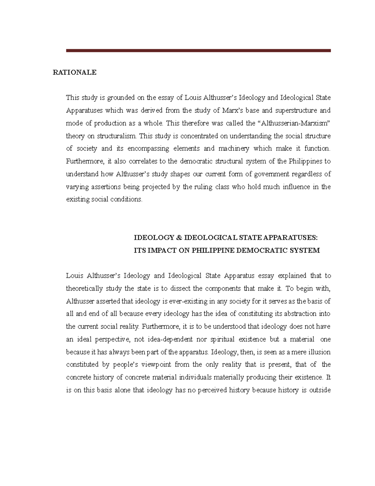 Althusser Political Theory - RATIONALE This study is grounded on the ...