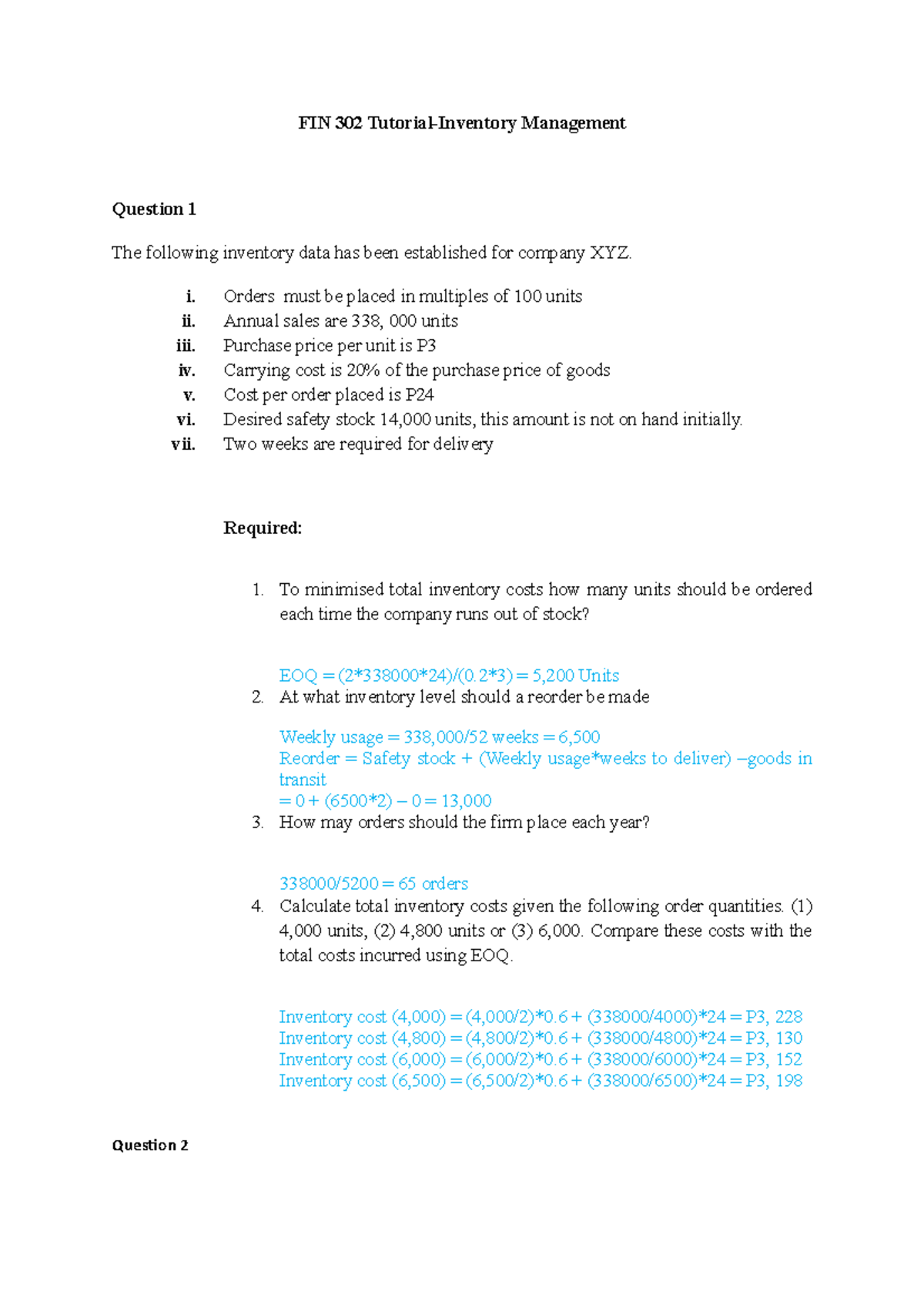 FIN 302 Tutoria 4-Inventory Management With Solutions - FIN 302 ...