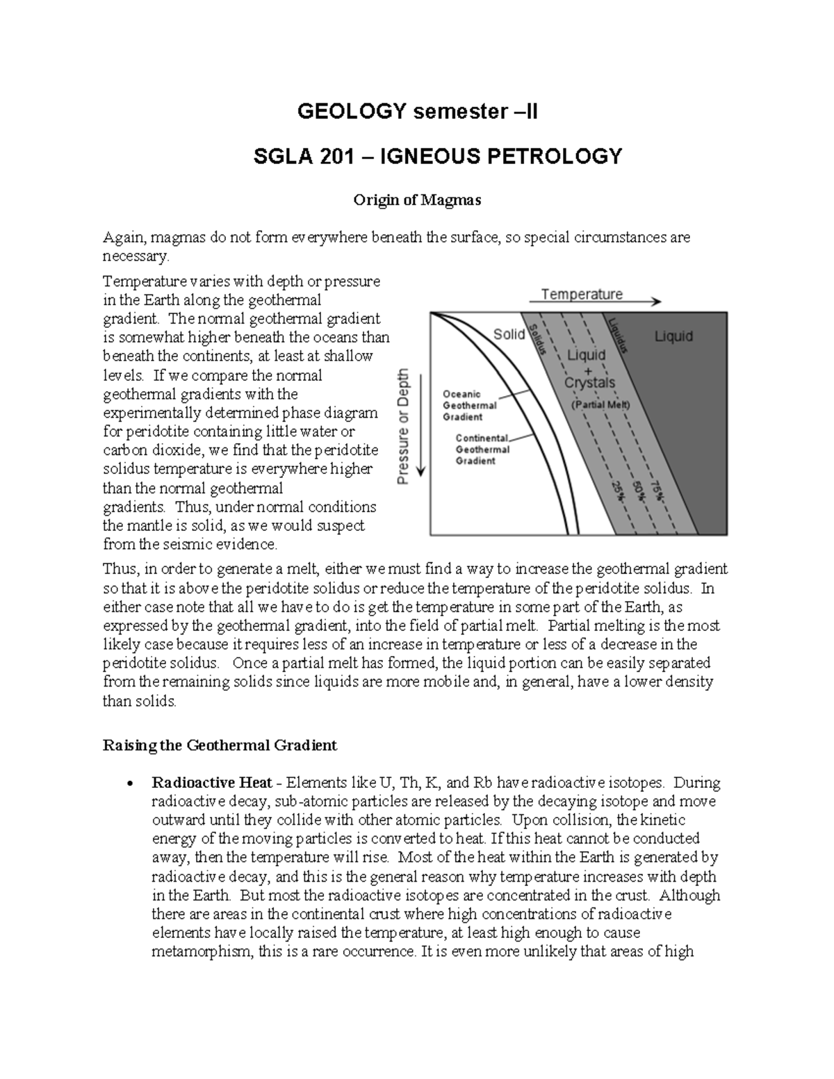 Origin of Magmas and magmatic processes - GEOLOGY semester –II SGLA 201 ...