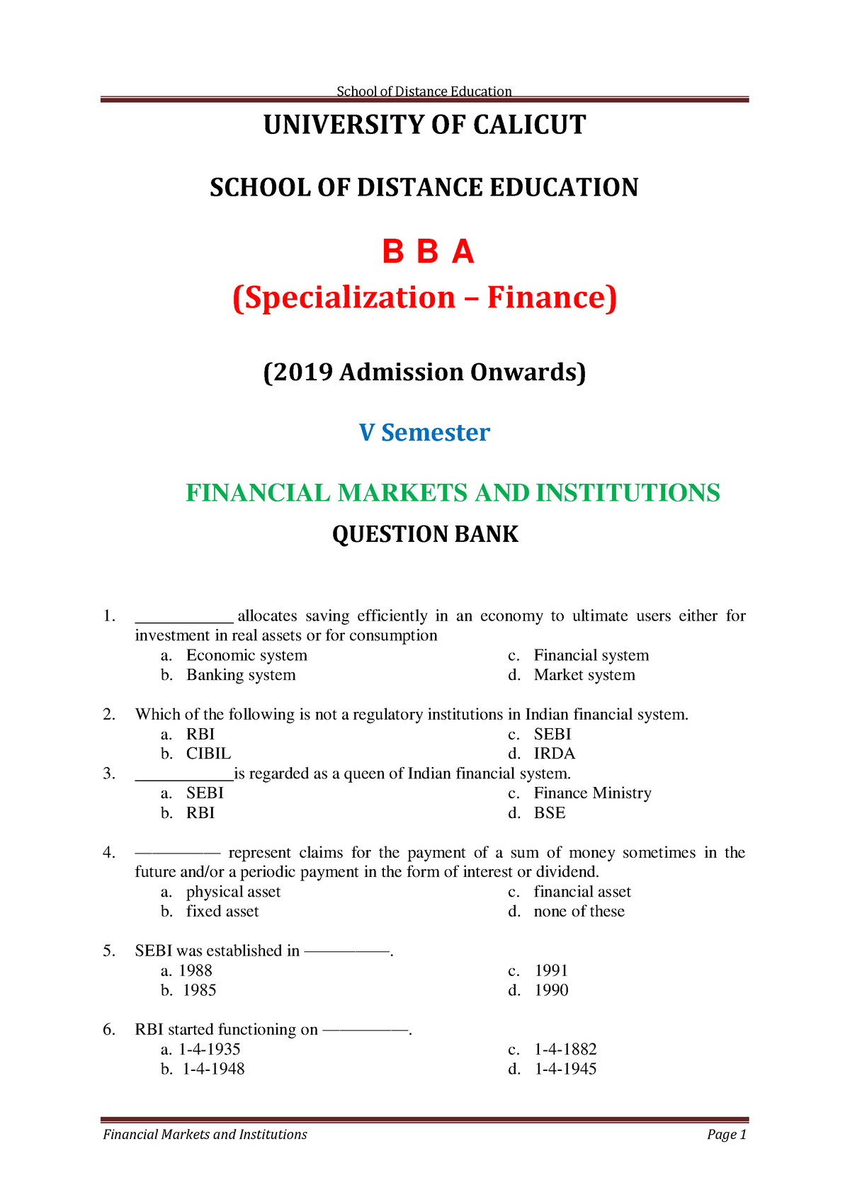 MCQ - Financial Markets AND Institutions - UNIVERSITY OF CALICUT SCHOOL ...