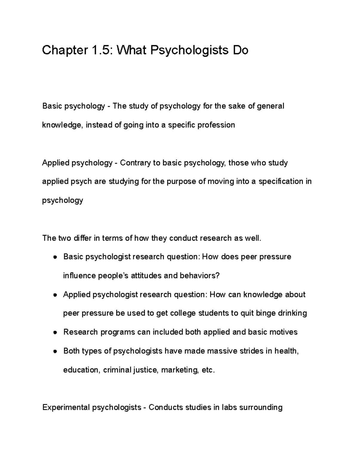 Chapter 1.5 Notes - Chapter 1: What Psychologists Do Basic Psychology ...