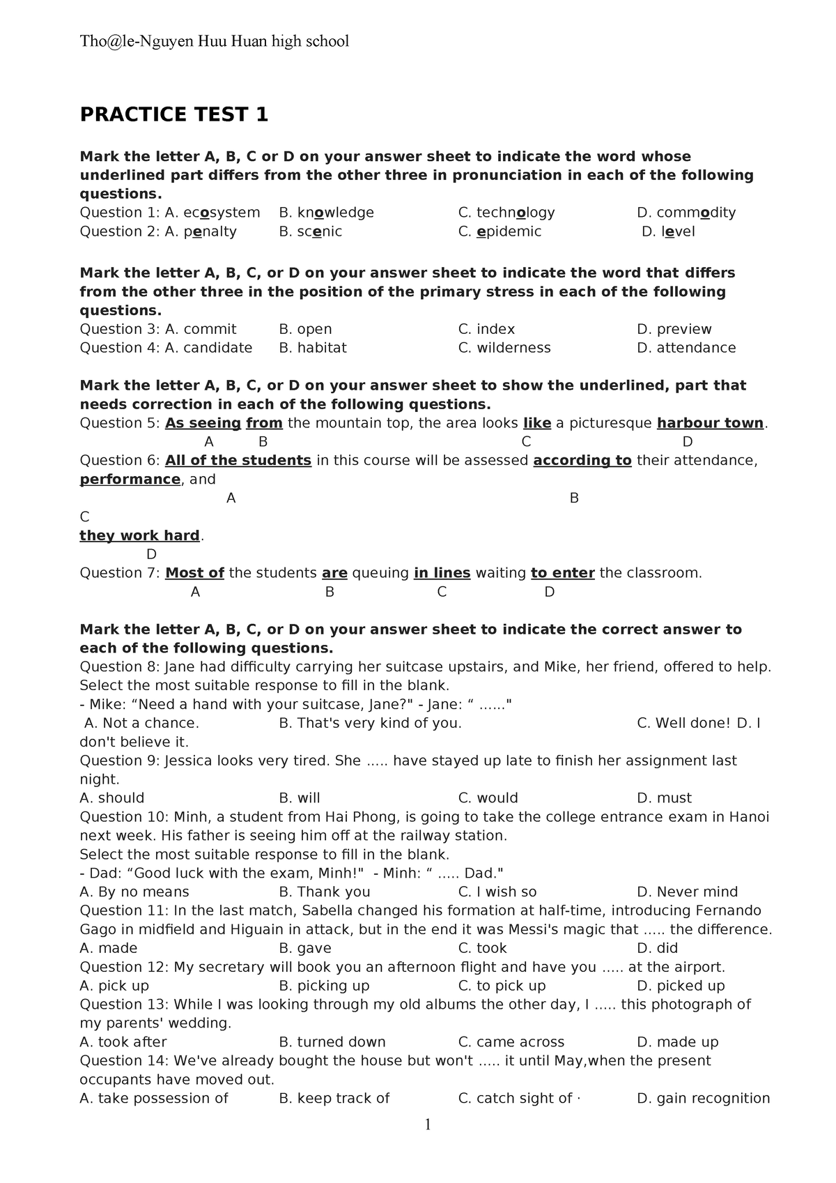 Practice-TEST-1 - Aaaaaaaaaaaaaaaa - PRACTICE TEST 1 Mark The Letter A ...