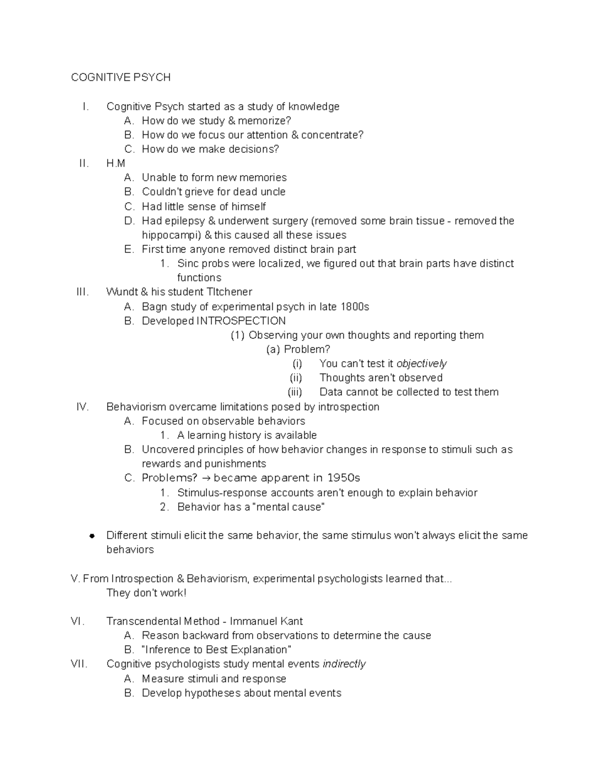 Lecture 1 - COGNITIVE PSYCH I. Cognitive Psych Started As A Study Of ...