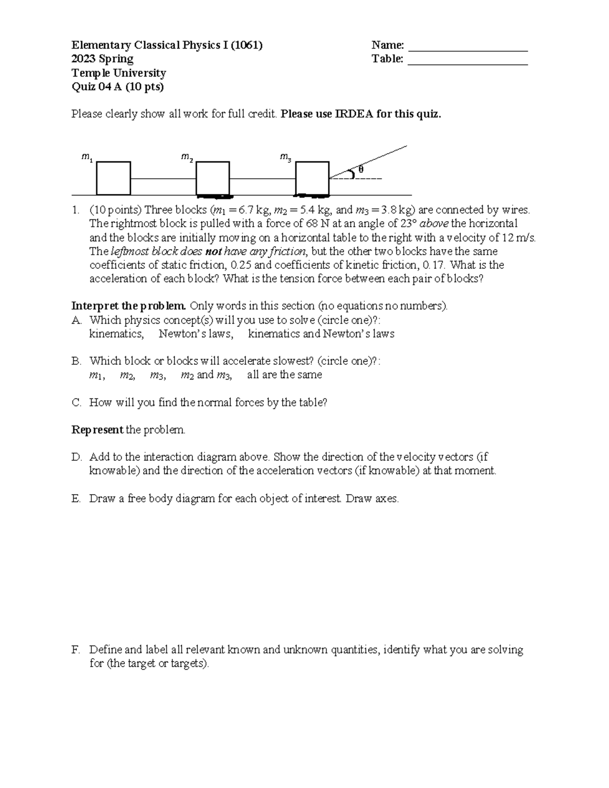 1061 23S Quiz04 A1to4 - Elementary Classical Physics I (1061) Name ...