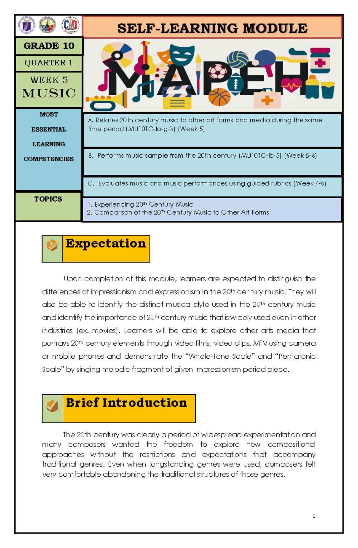 Mapeh 10 Q1 Week 5 Music - VQEYGCWAJENKD - Expectation Upon Completion ...