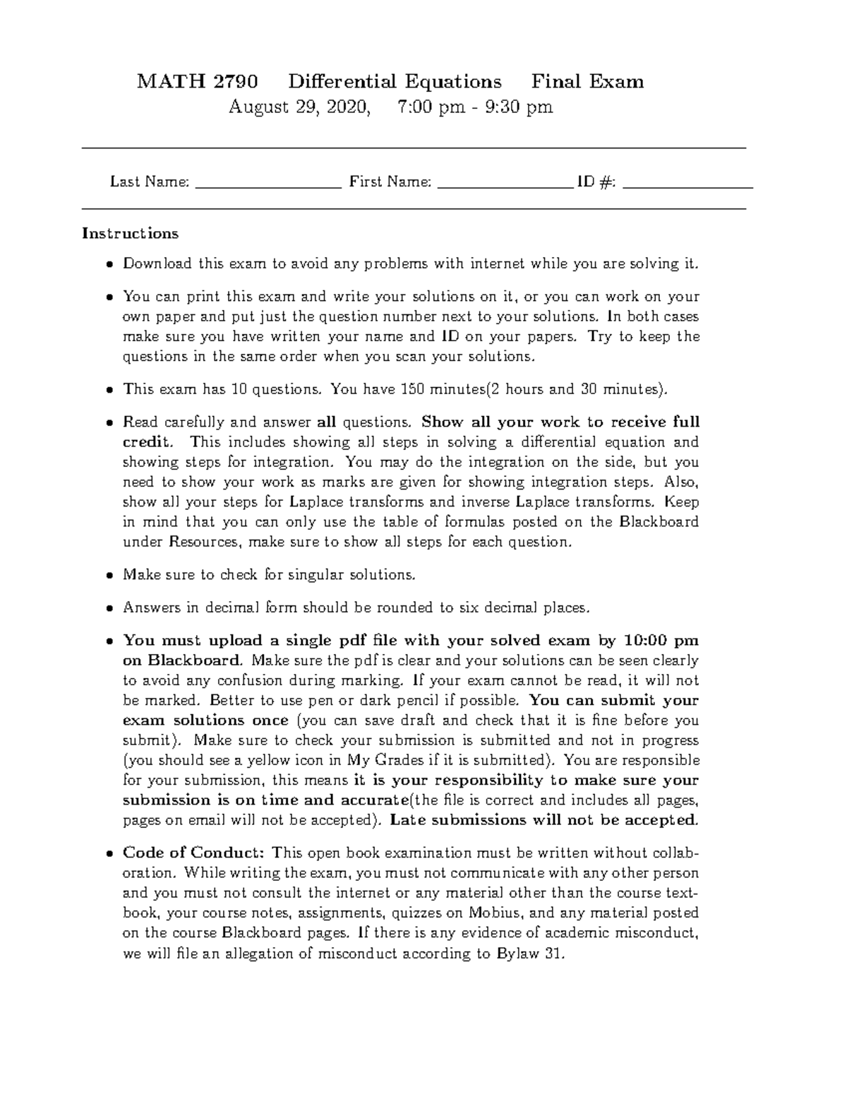 Final Exam Questions MATH 2790 Differential Equations Final Exam