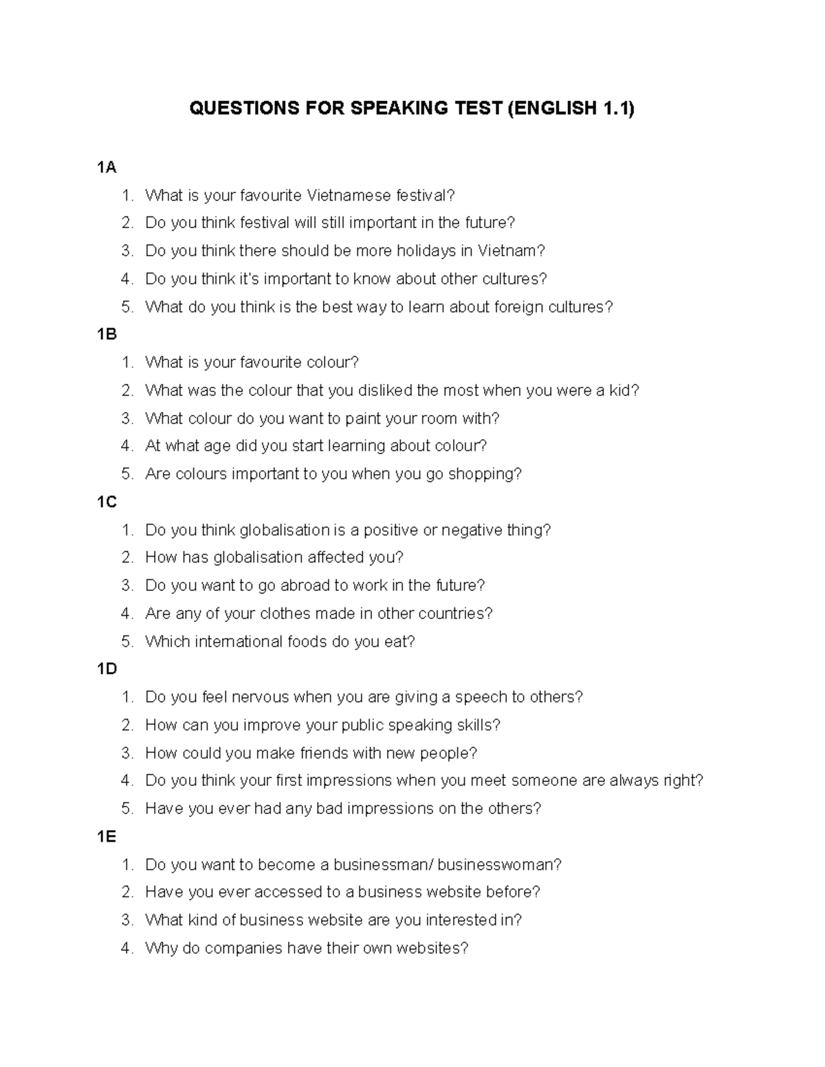 Questions for Speaking English 1 - QUESTIONS FOR SPEAKING TEST (ENGLISH ...