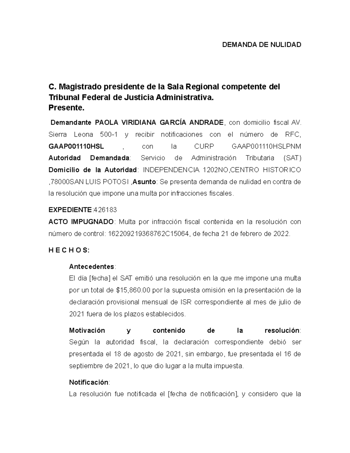 Juicio DE Nulidad - Ensayo - DEMANDA DE NULIDAD C. Magistrado