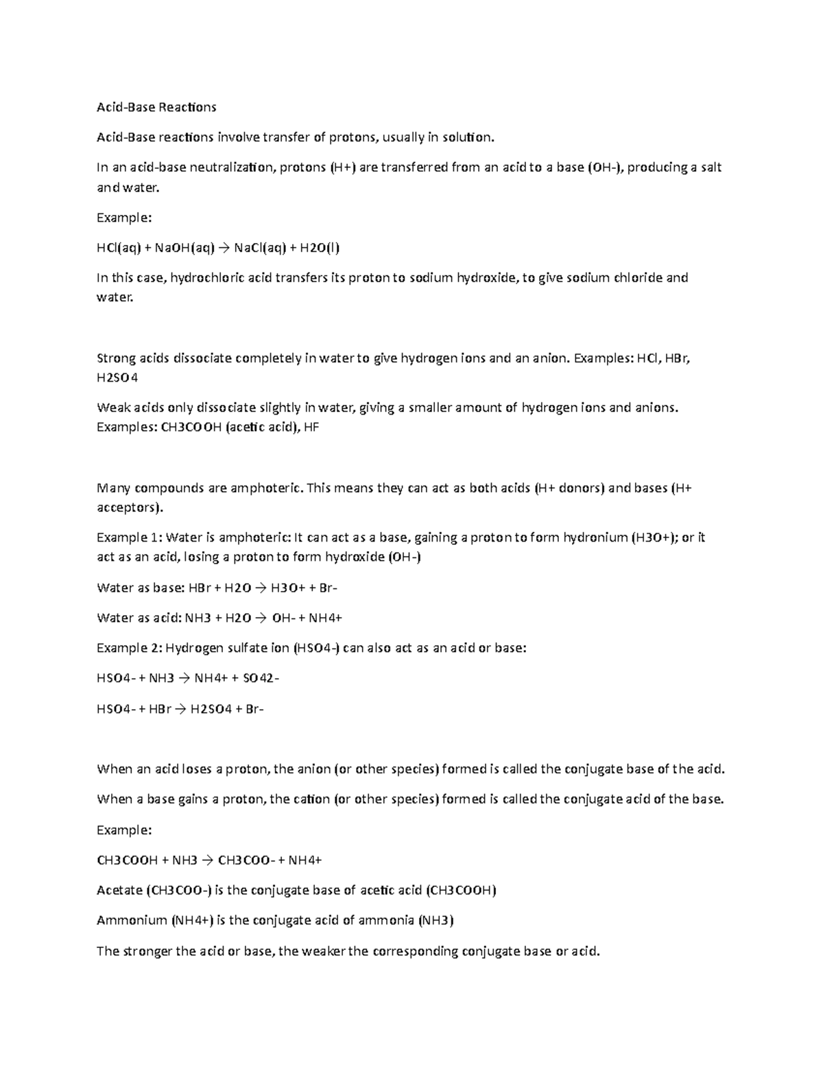 Acid Lecture Notes 1 Acid Base Reactions Acid Base Reactions