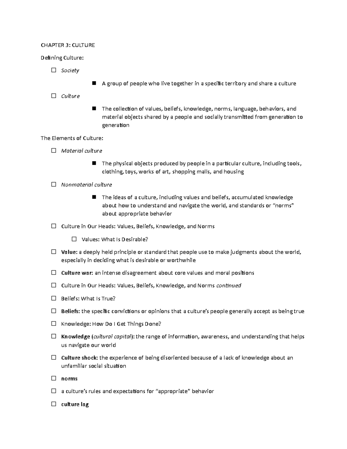 Chapter 3 Culture - Lecture notes 1 - CHAPTER 3: CULTURE Defining ...