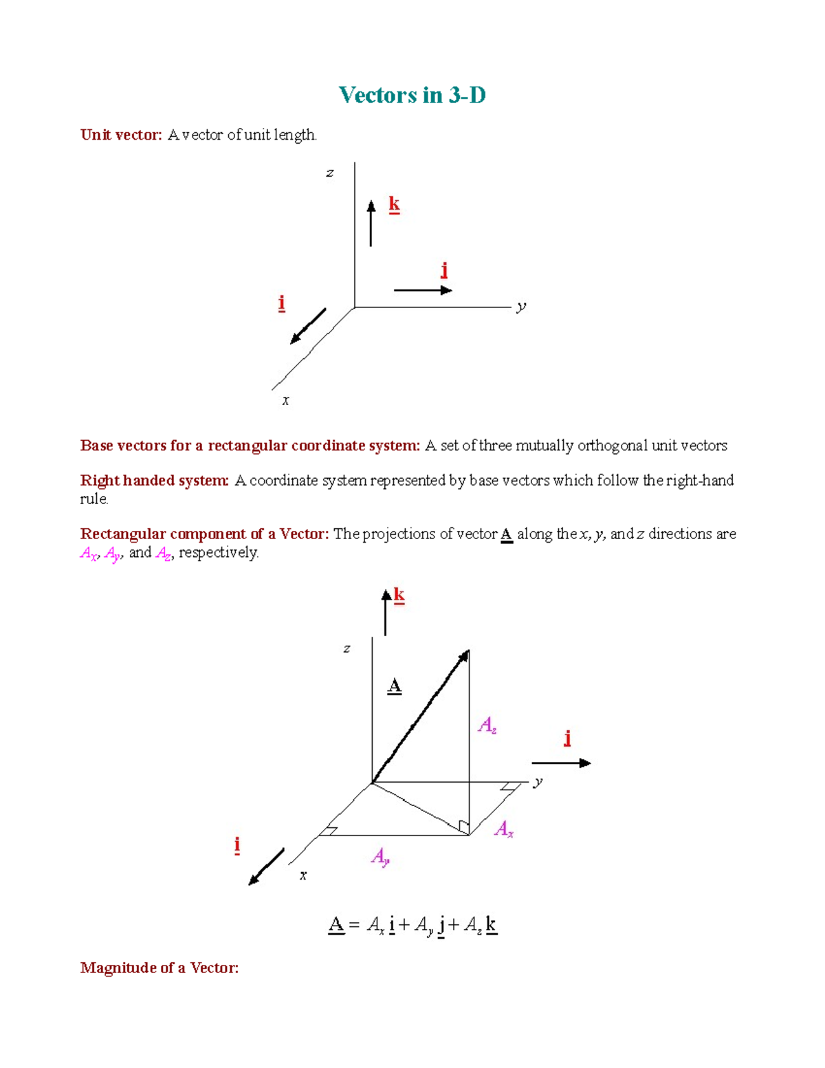 Vectors in 3D - Lecture notes 15 - Vectors in 3-D Unit vector:A vector ...