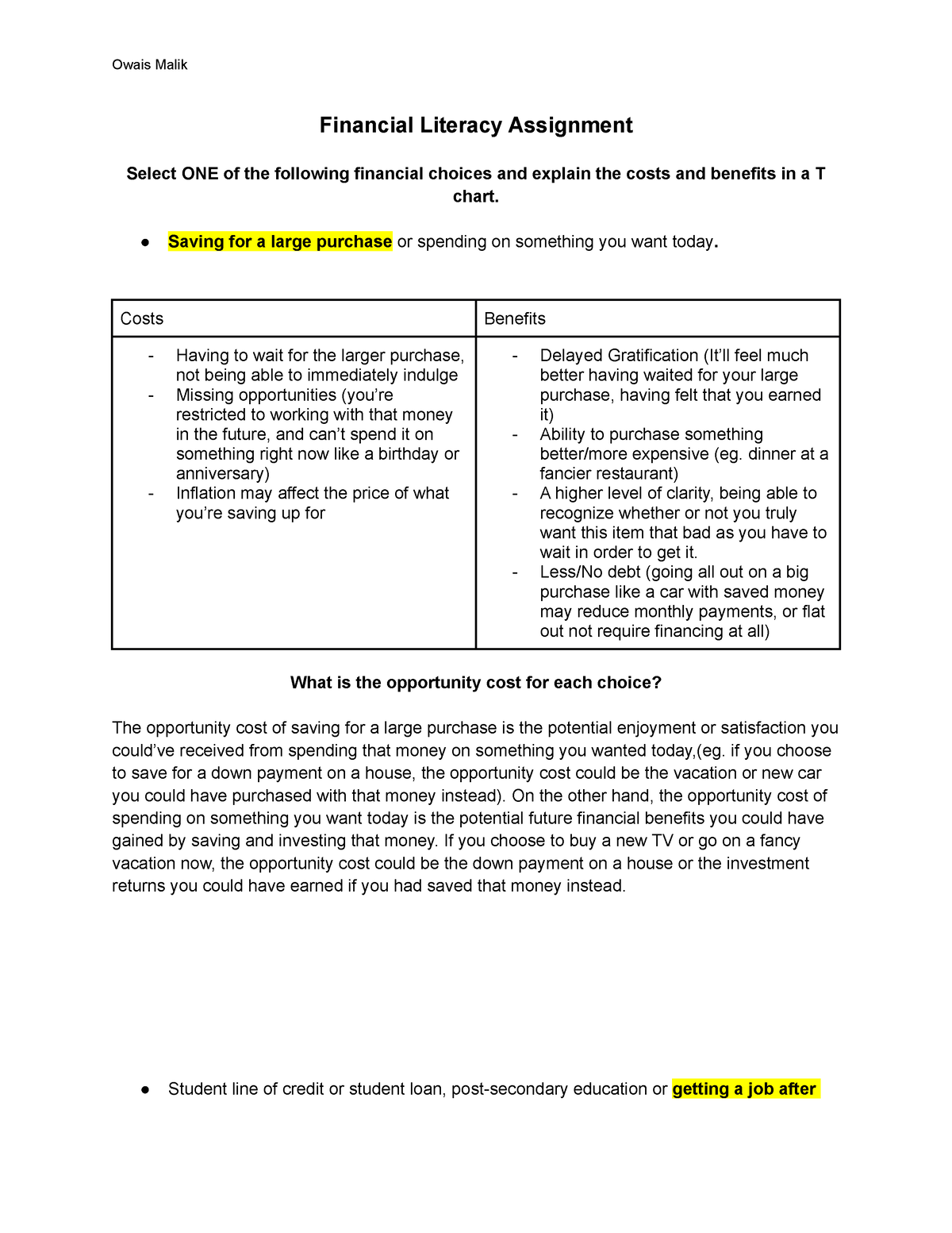 financial literacy assignment