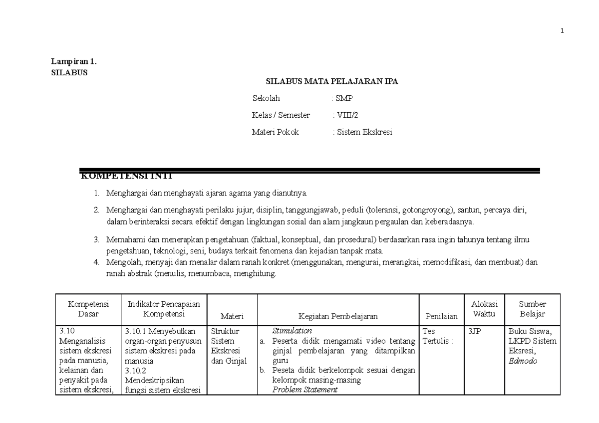 Silabus - Lampiran 1. SILABUS SILABUS MATA PELAJARAN IPA Sekolah : SMP ...