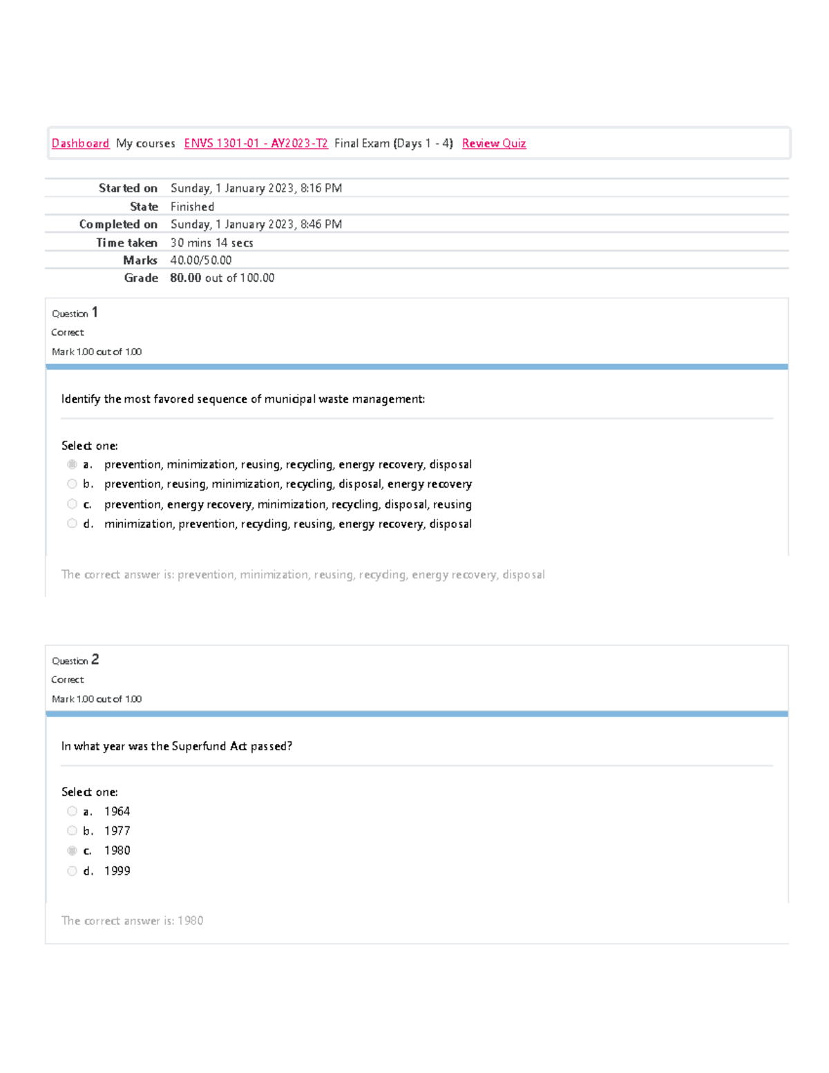 ENVS 1301 Review Quiz Attempt Review Part II - Started On Sunday, 1 ...