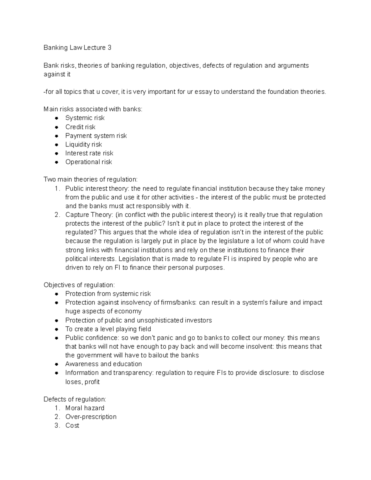 Bank risks, theories of banking regulation, objectives, defects of