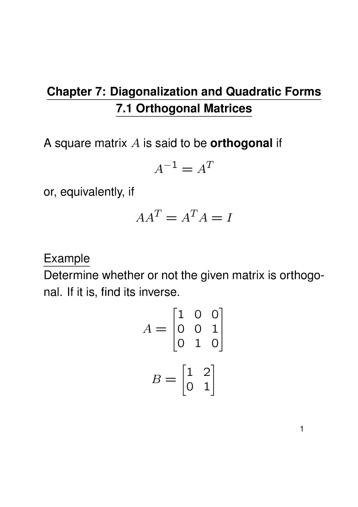 Section 7 Orthogonal Matrices - Chapter 7: Diagonalization And ...