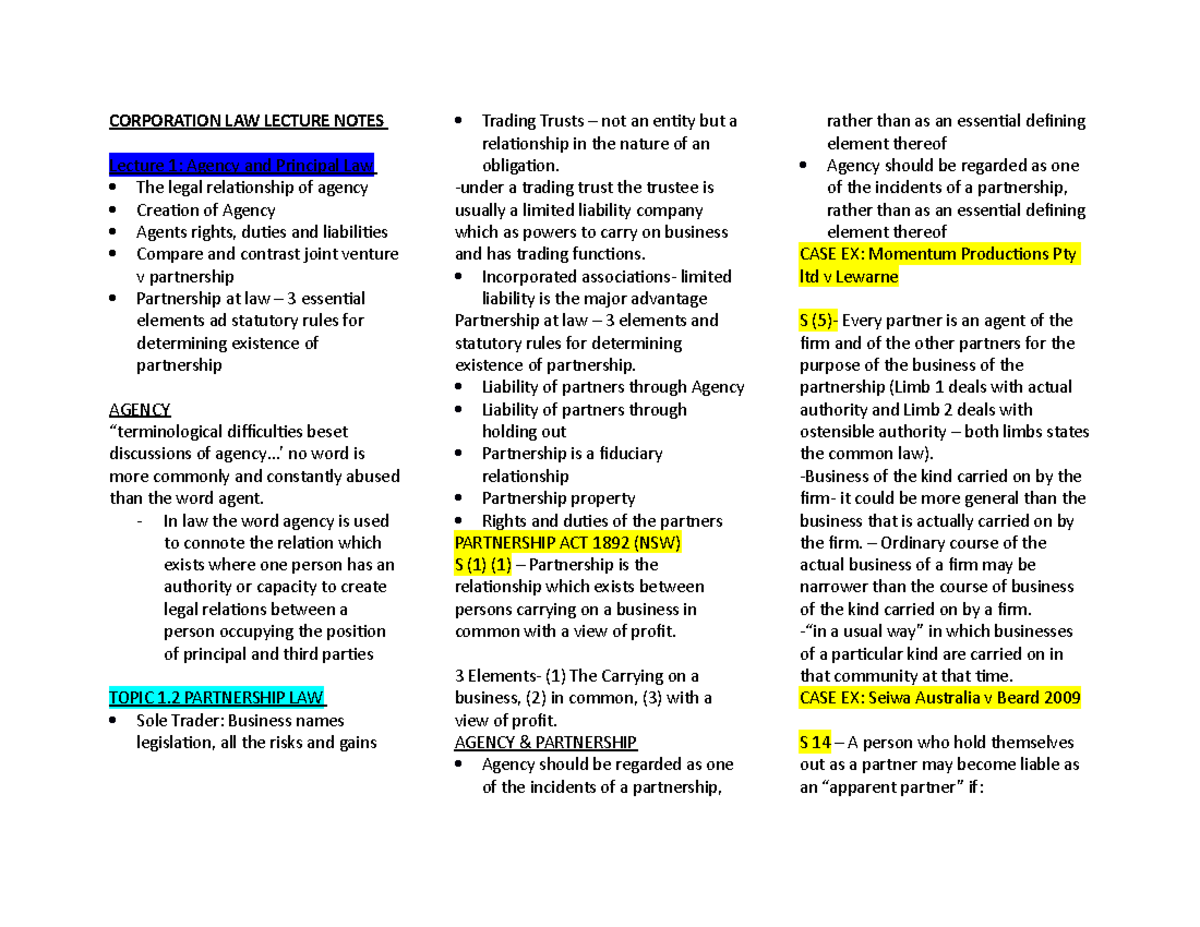 Corporation LAW Lecture Notes - CORPORATION LAW LECTURE NOTES Lecture 1 ...