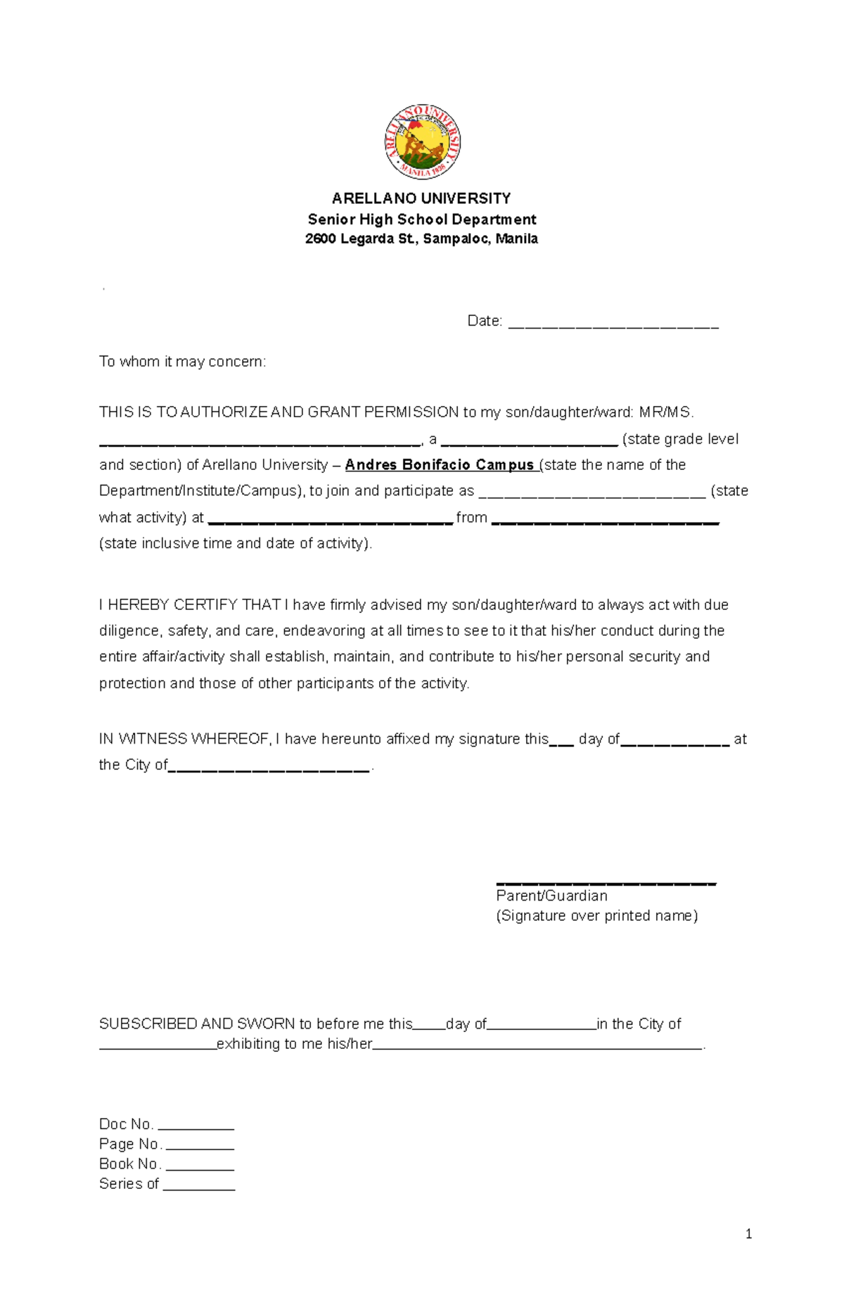 Waiver Work Immersion 2023 - ARELLANO UNIVERSITY Senior High School ...