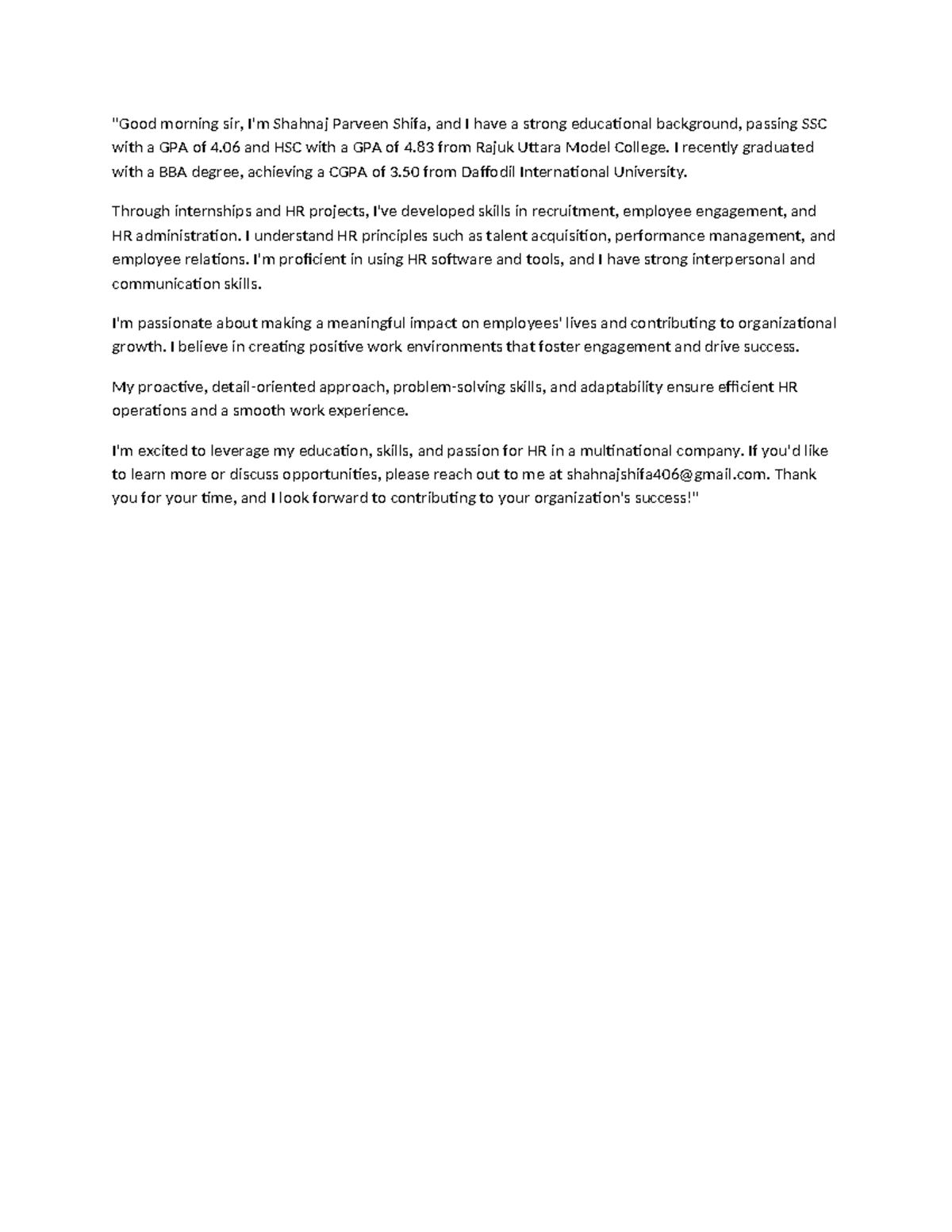 Video resume script - "Good morning sir, I'm Shahnaj Parveen Shifa, and ...