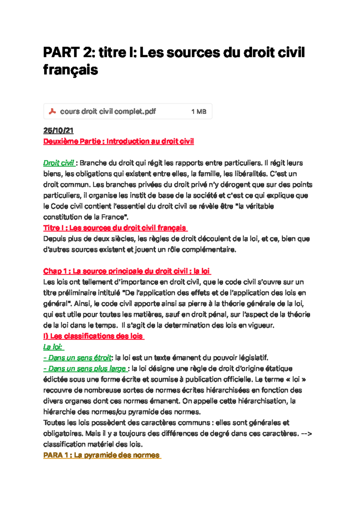 PART 2 titre I Les sources du droit civil français - PA R T 2 : t i t ...
