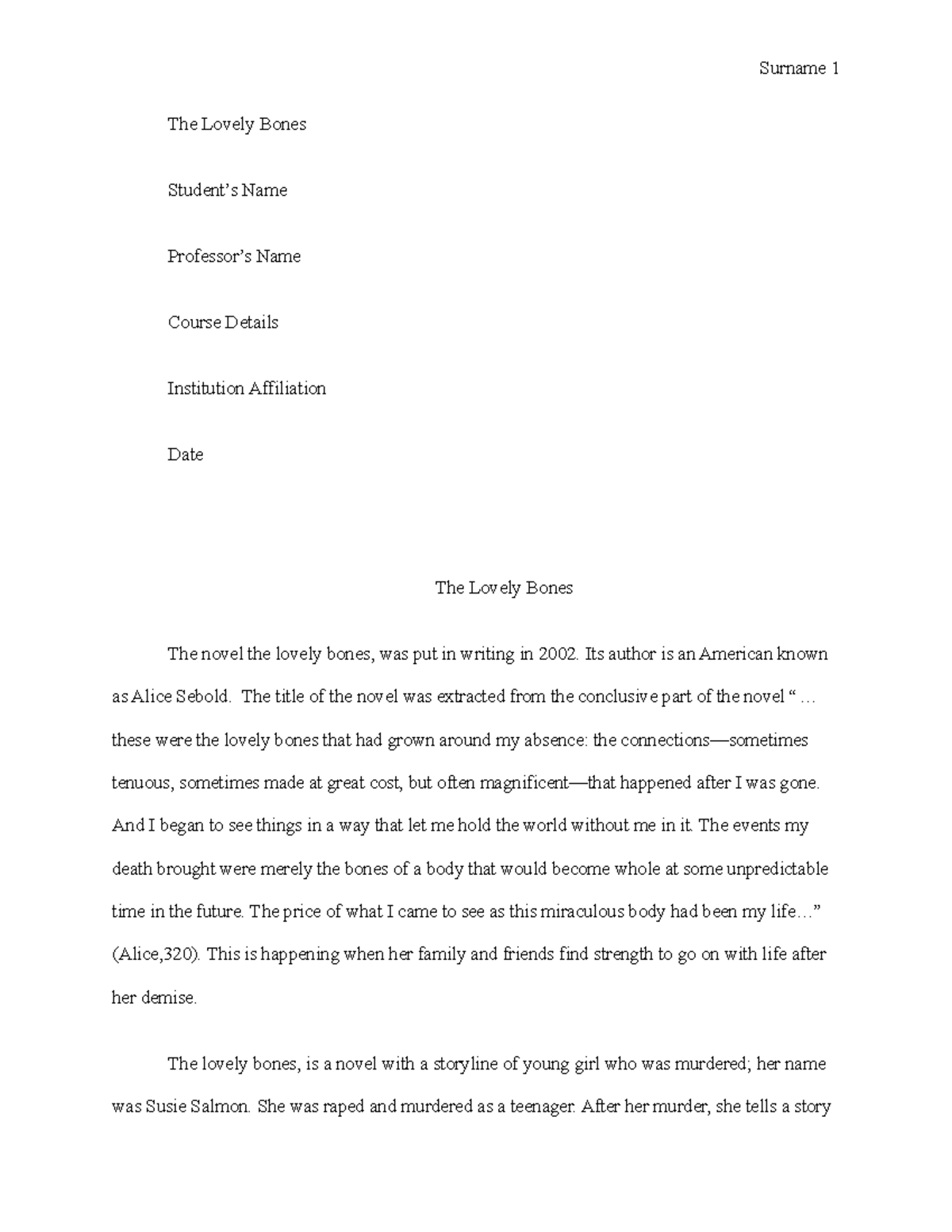 history class assignment The Lovely Bones Student’s Name Professor’s