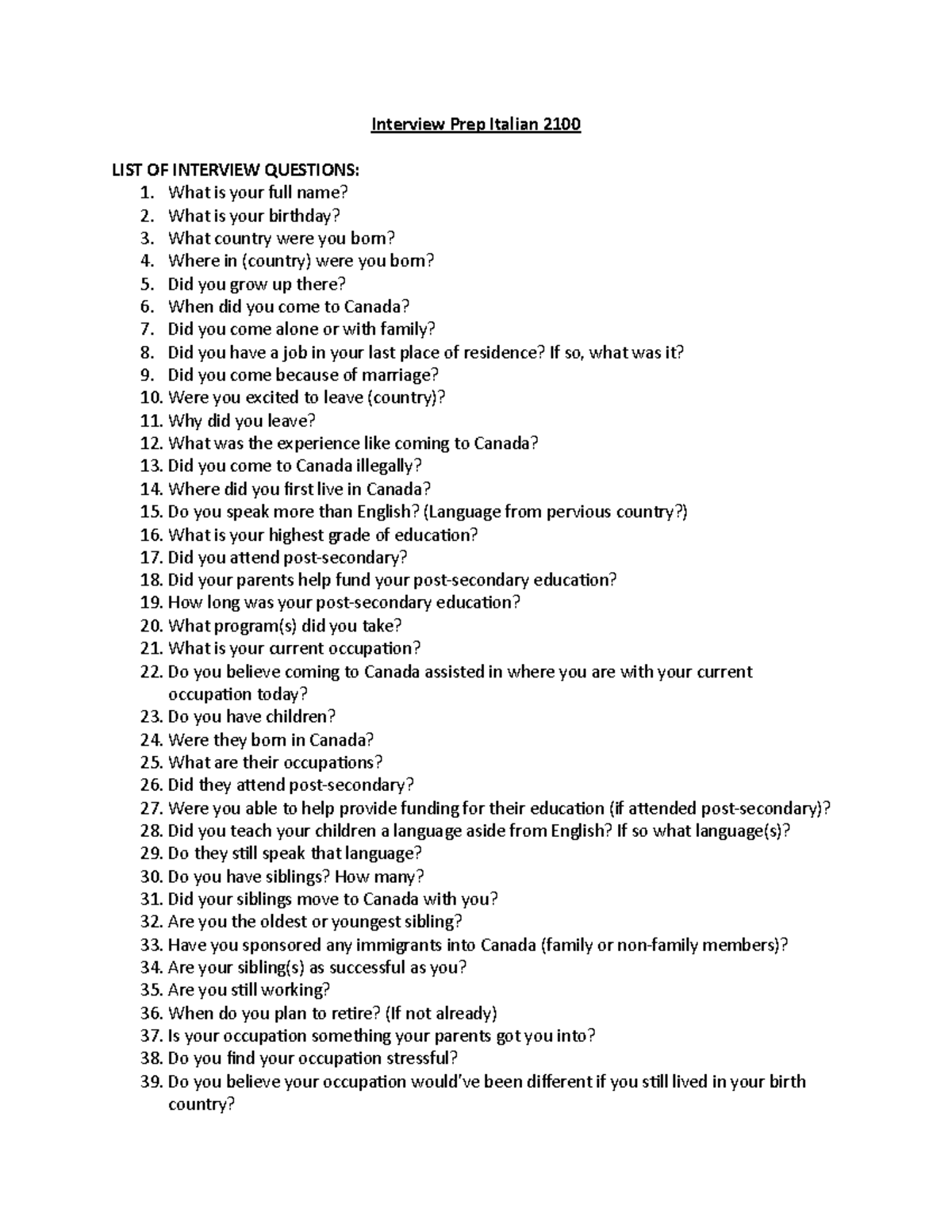 Interview Prep Italian 2100 - Interview Prep Italian 2100 LIST OF ...