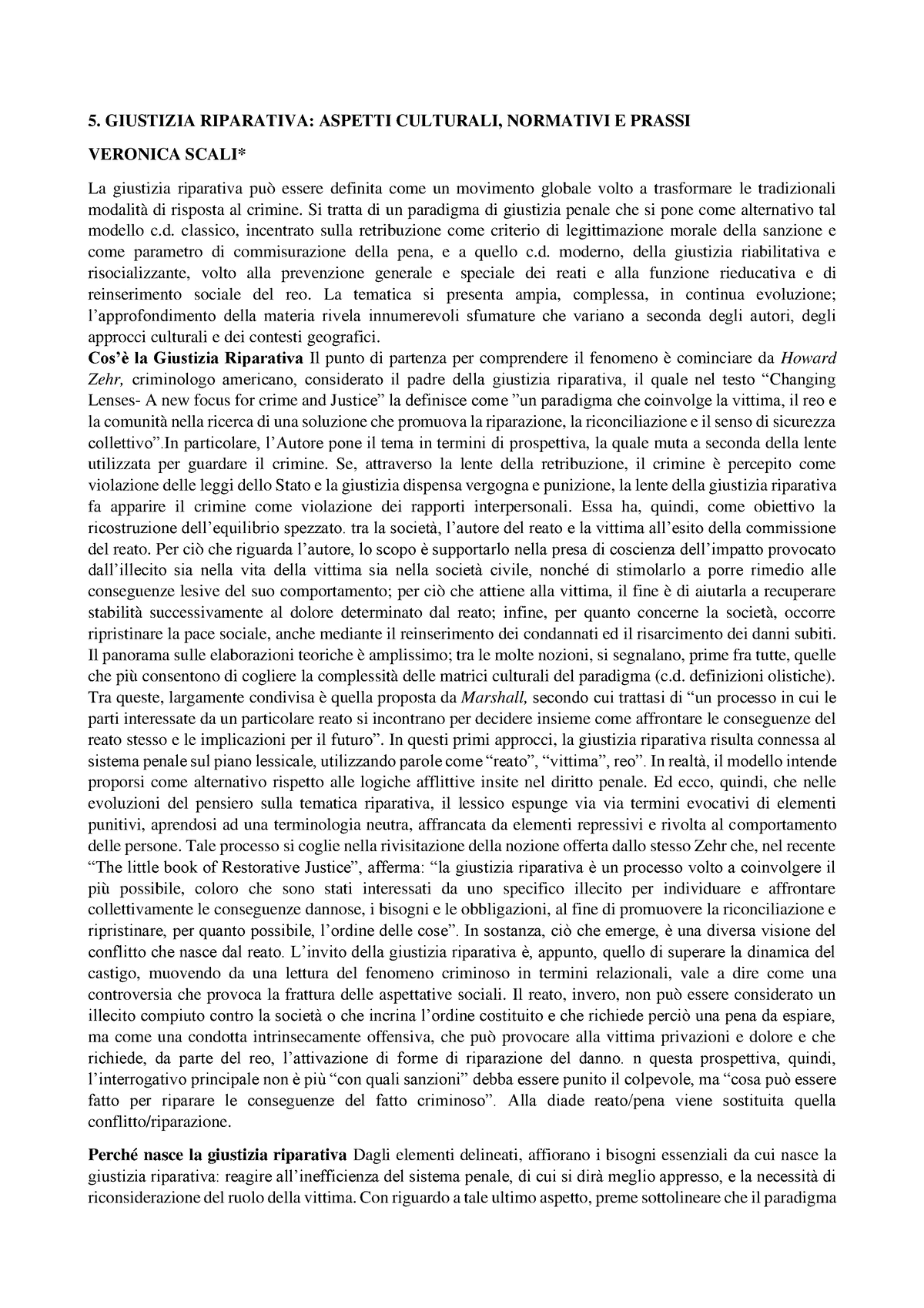 Riassunto Giustizia Riparativa - 5. GIUSTIZIA RIPARATIVA: ASPETTI ...