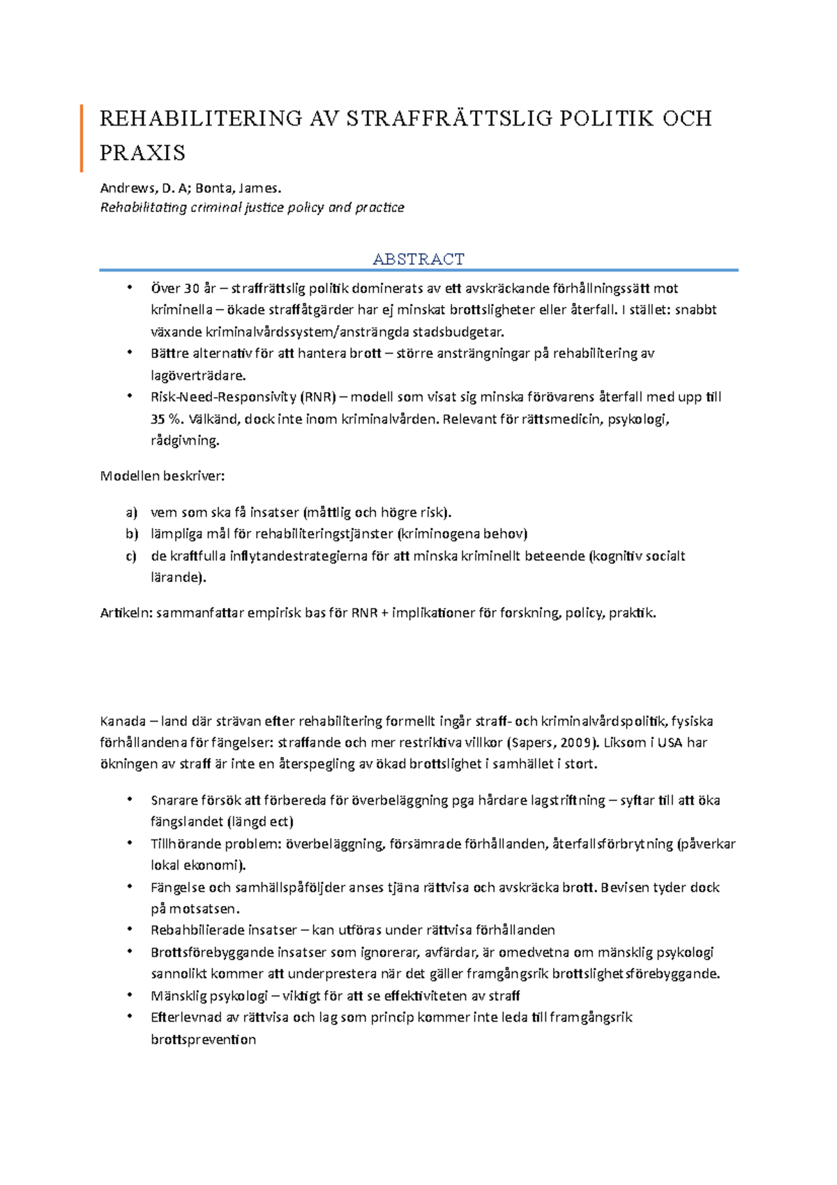 Risk-need-responsivity modellen - REHABILITERING AV STRAFFRÄTTSLIG ...