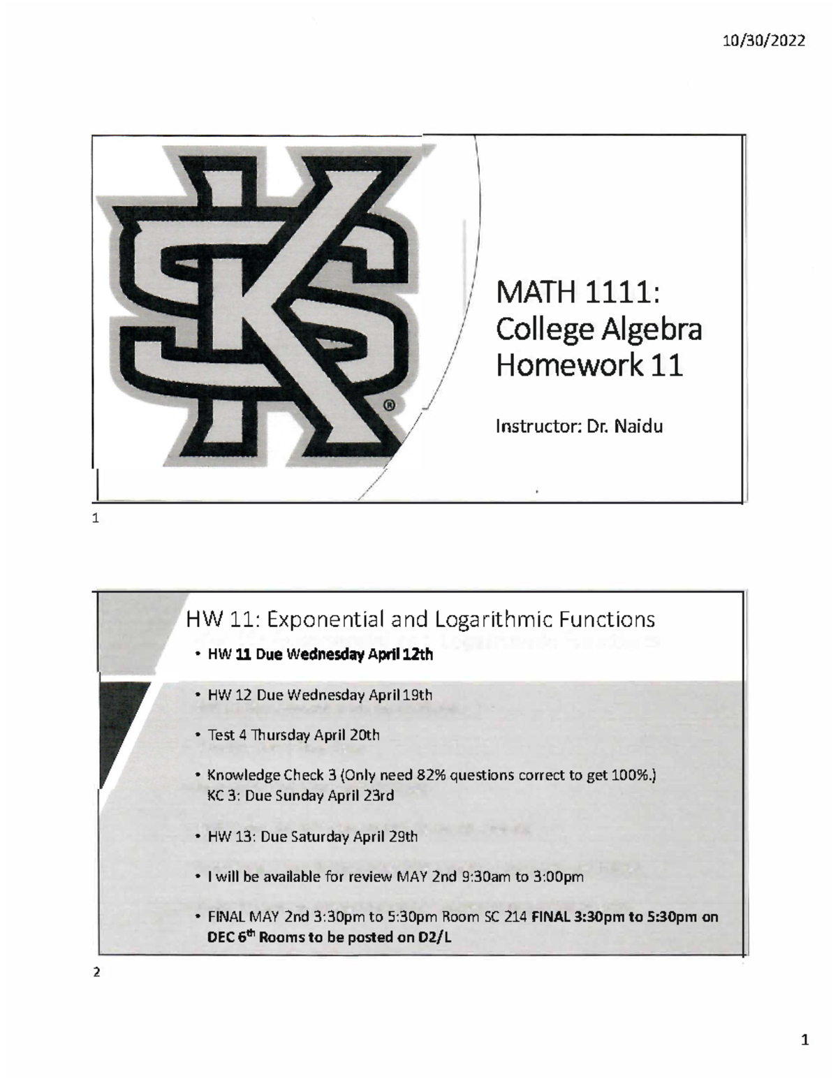 HW 11 written notes - 1 2 MATH 1111: College Algebra Homework 11 ...