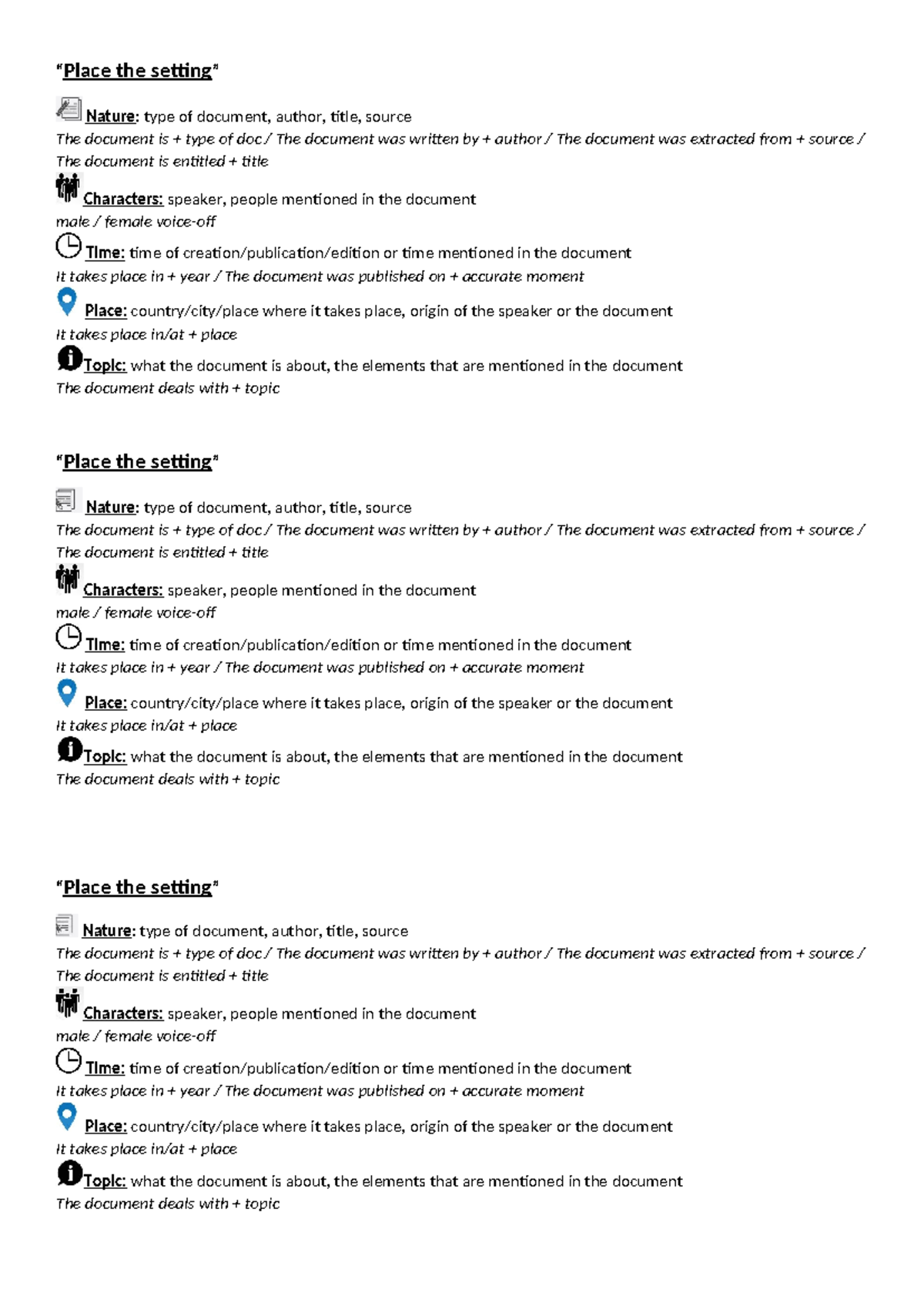 Place the setting - “Place the setting” Nature: type of document ...