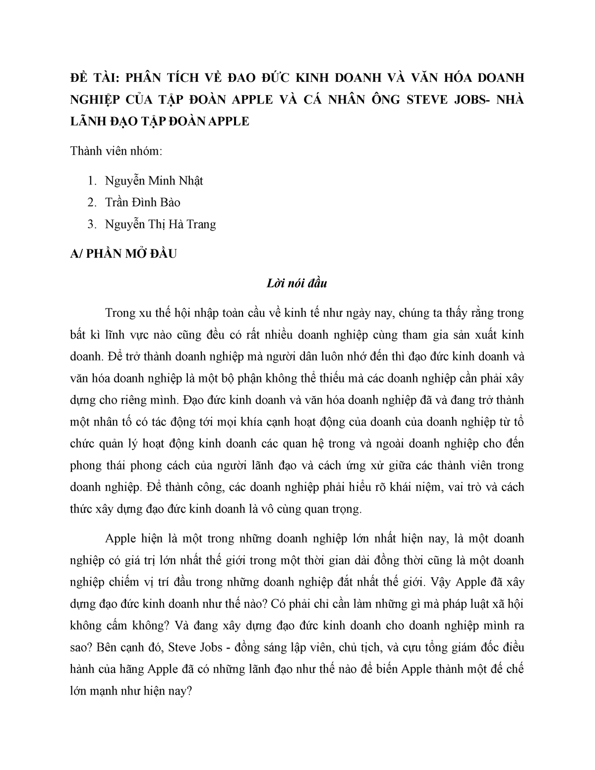 TL NHÓM PHÂN TÍCH VỀ ĐAO ĐỨC KINH Doanh VÀ VĂN HÓA Doanh NGHIỆP CỦA TẬP ĐOÀN Apple VÀ CÁ NHÂN ÔNG - Studocu