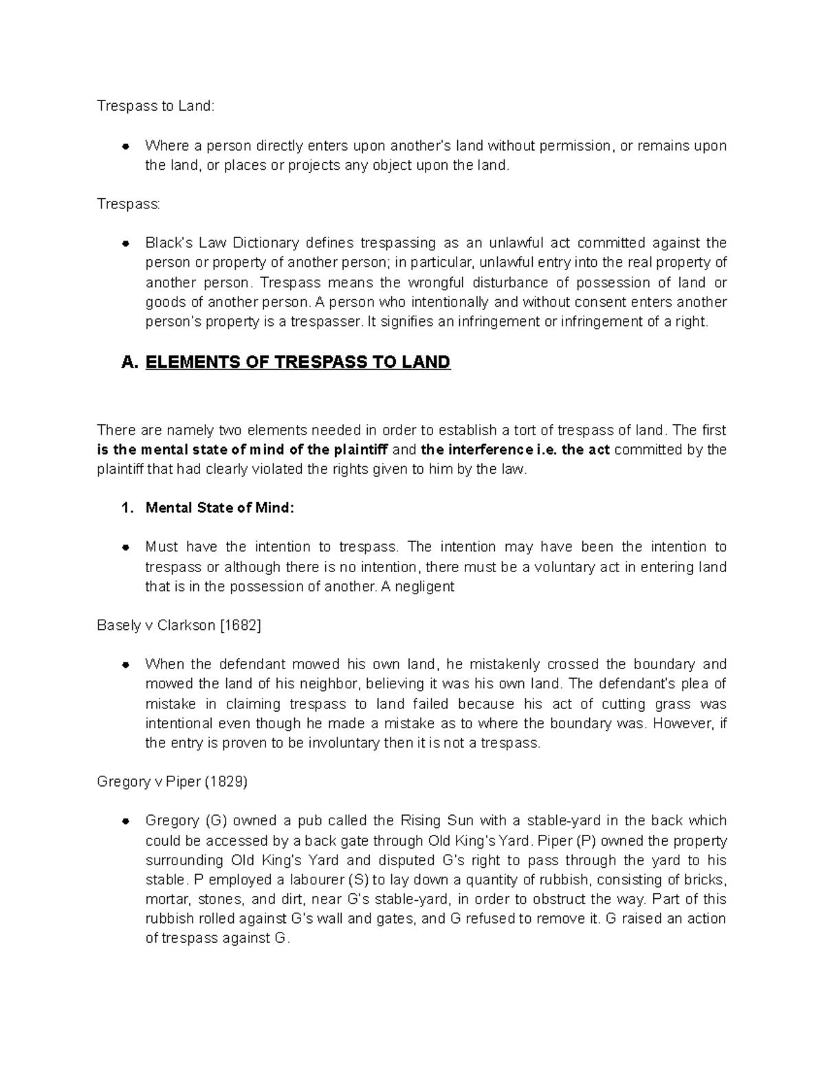 Trespass to Land Notes Universal - Trespass to Land: Where a person ...