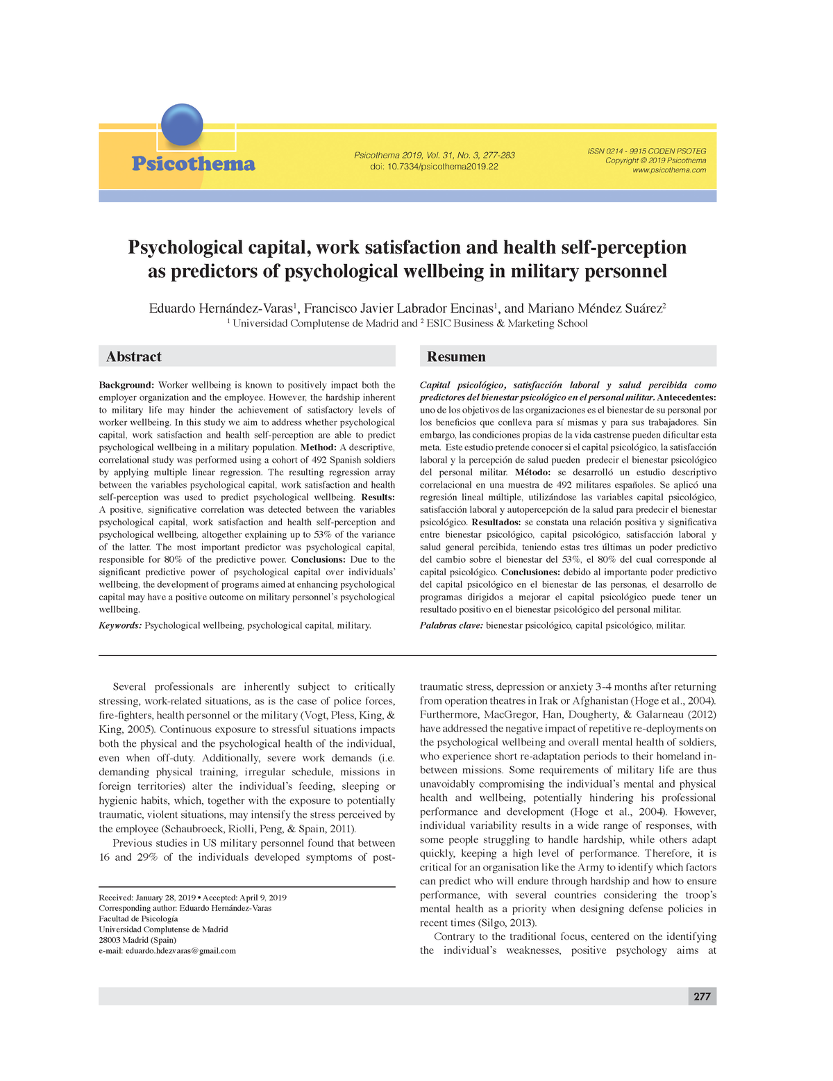 Capital psicológico, satisfacción laboral y salud percibida - Several ...