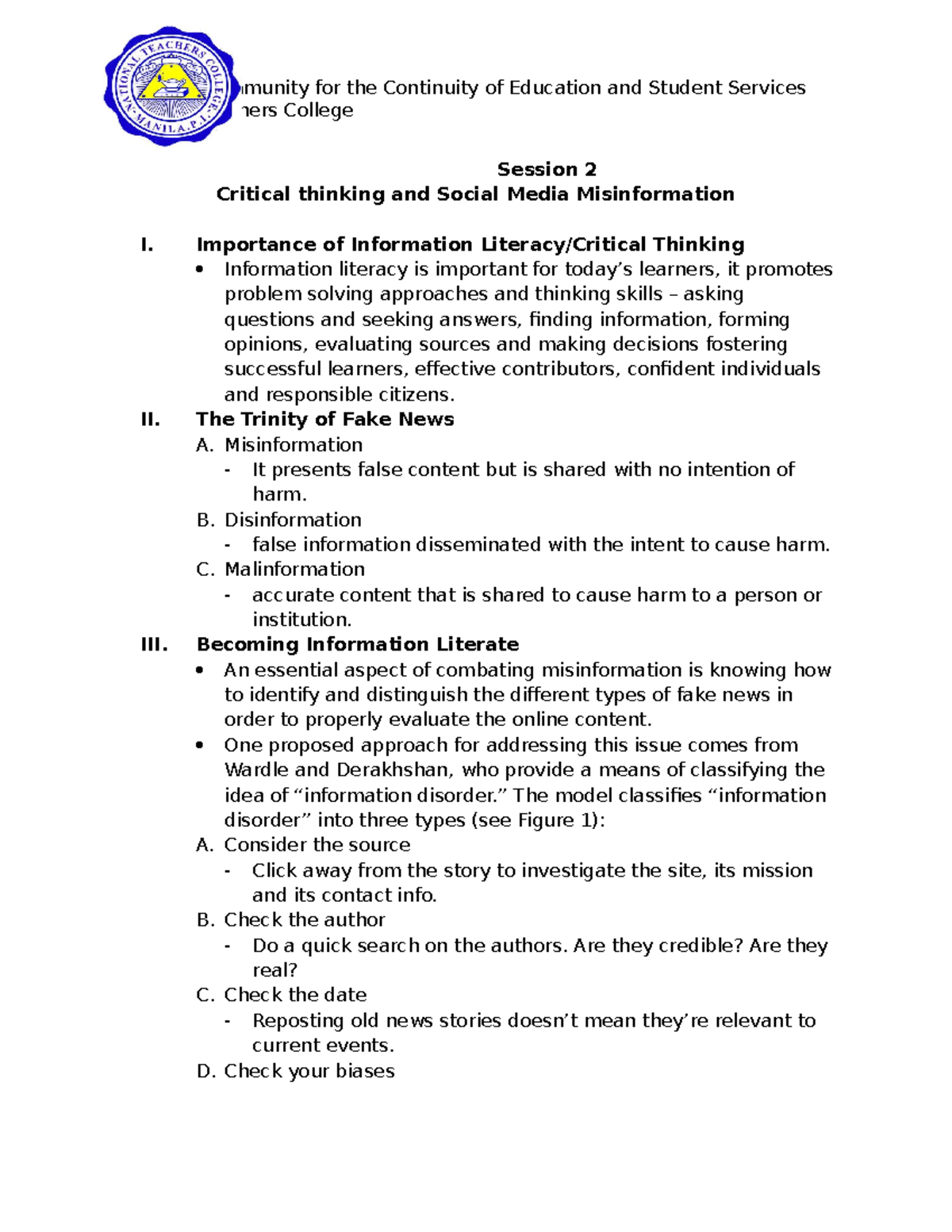 Session 2 Crirtical Thinking and Misinformation - National Teachers ...
