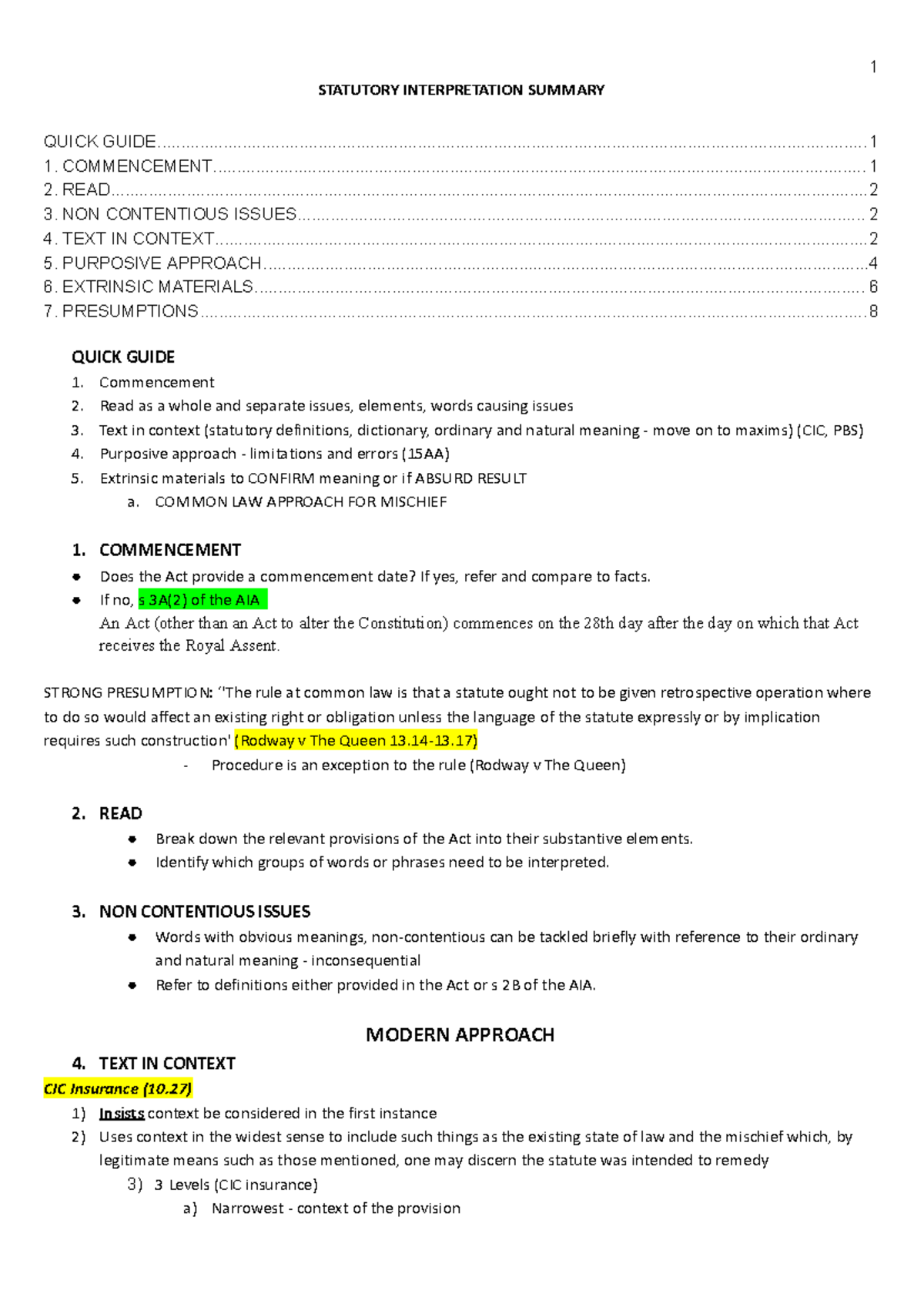LAWS1201 Statutory Interpretation Summary - STATUTORY INTERPRETATION ...